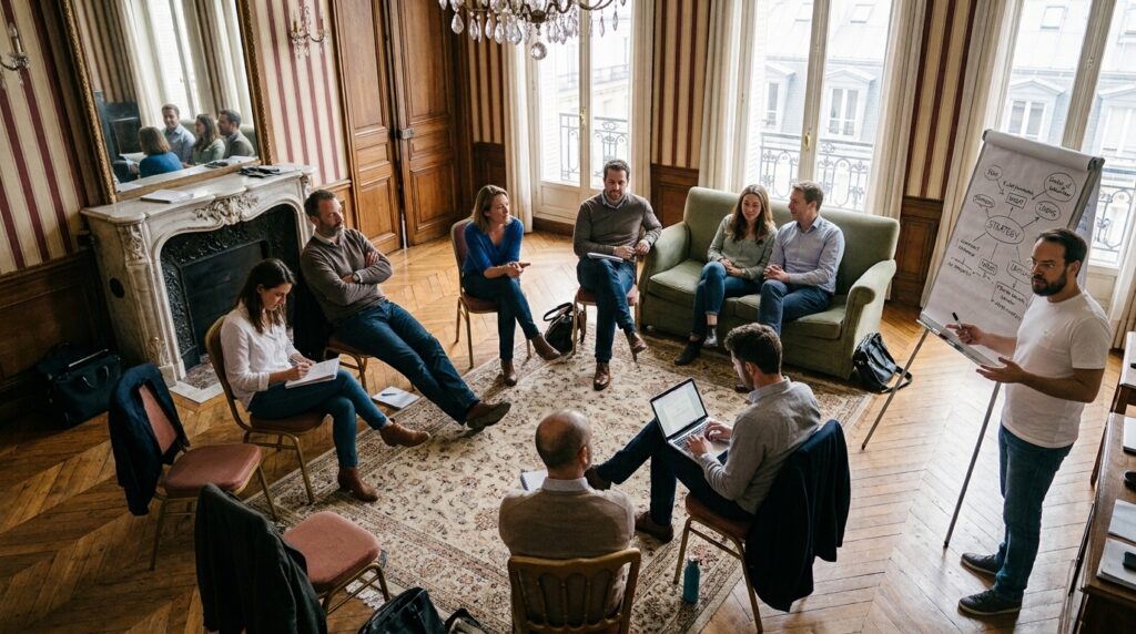 Workshop-Runde im Stuhlkreis, ein Moderator steht am Flipchart